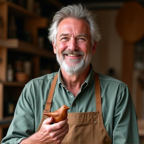 Portrait of Elijah Vance, a seasoned woodworker with a kind smile, holding a small carved wooden bird.