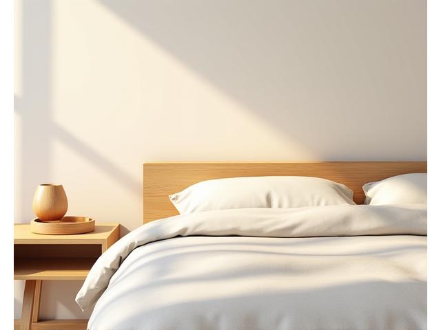A serene bedroom setting with a minimalist wooden headboard and a bedside table displaying a small, smooth wooden sculpture and a practical wooden catch-all tray, creating a calming, natural aesthetic.