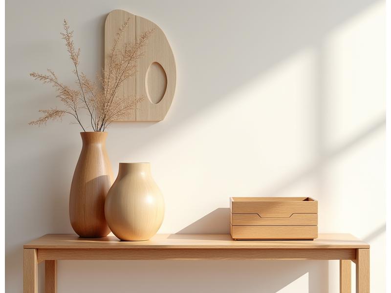 Assortment of handcrafted wooden decorative items, including a sculptural vase, a carved wall art piece, and a modern desk organizer, artfully arranged on a light wood console table in a minimalist living room, bathed in warm natural light.