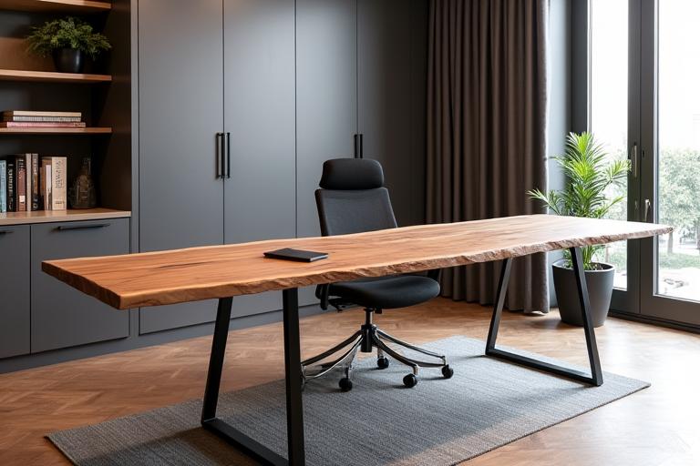 Custom-built live-edge wooden desk with modern metal legs