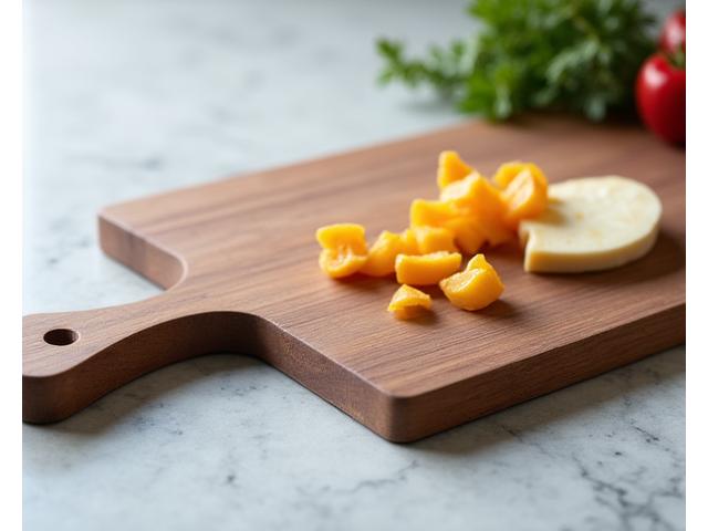 Contemporary wooden cutting board featuring a juice groove and ergonomic handle, suitable for kitchen and serving
