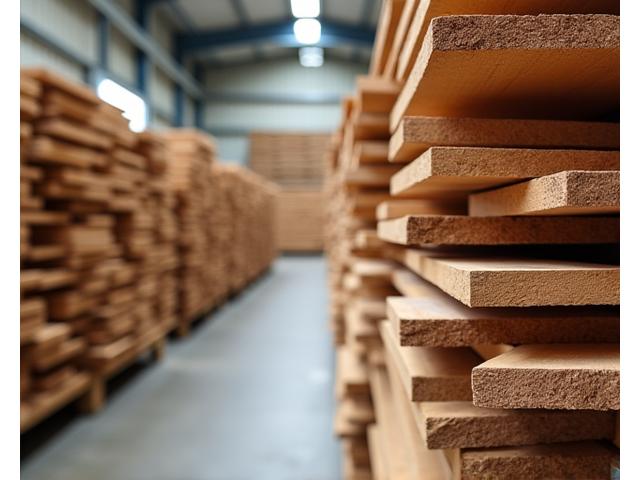 Stack of responsibly sourced timber in a lumberyard, clean and well-organized