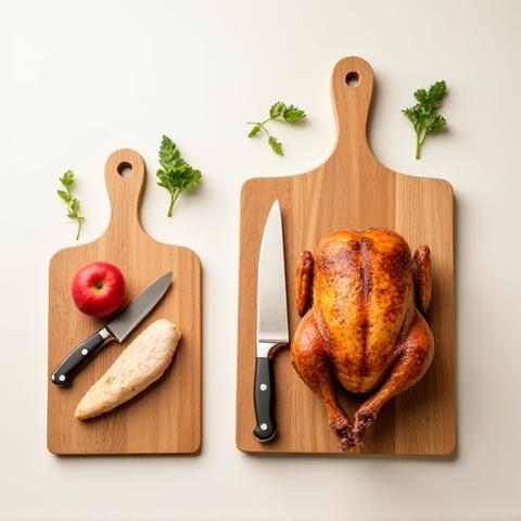 Infographic showing three different sizes of cutting boards (small, medium, large) with common kitchen items for scale, like an apple, a knife, and a chicken.