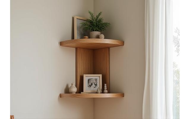 Space-saving wooden corner shelf, neatly organized with small pottery items.
