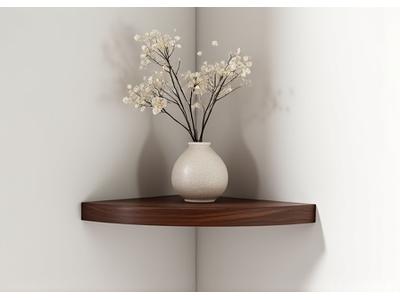 Elegant dark walnut corner shelf, displaying small decorative vases and a succulent plant.